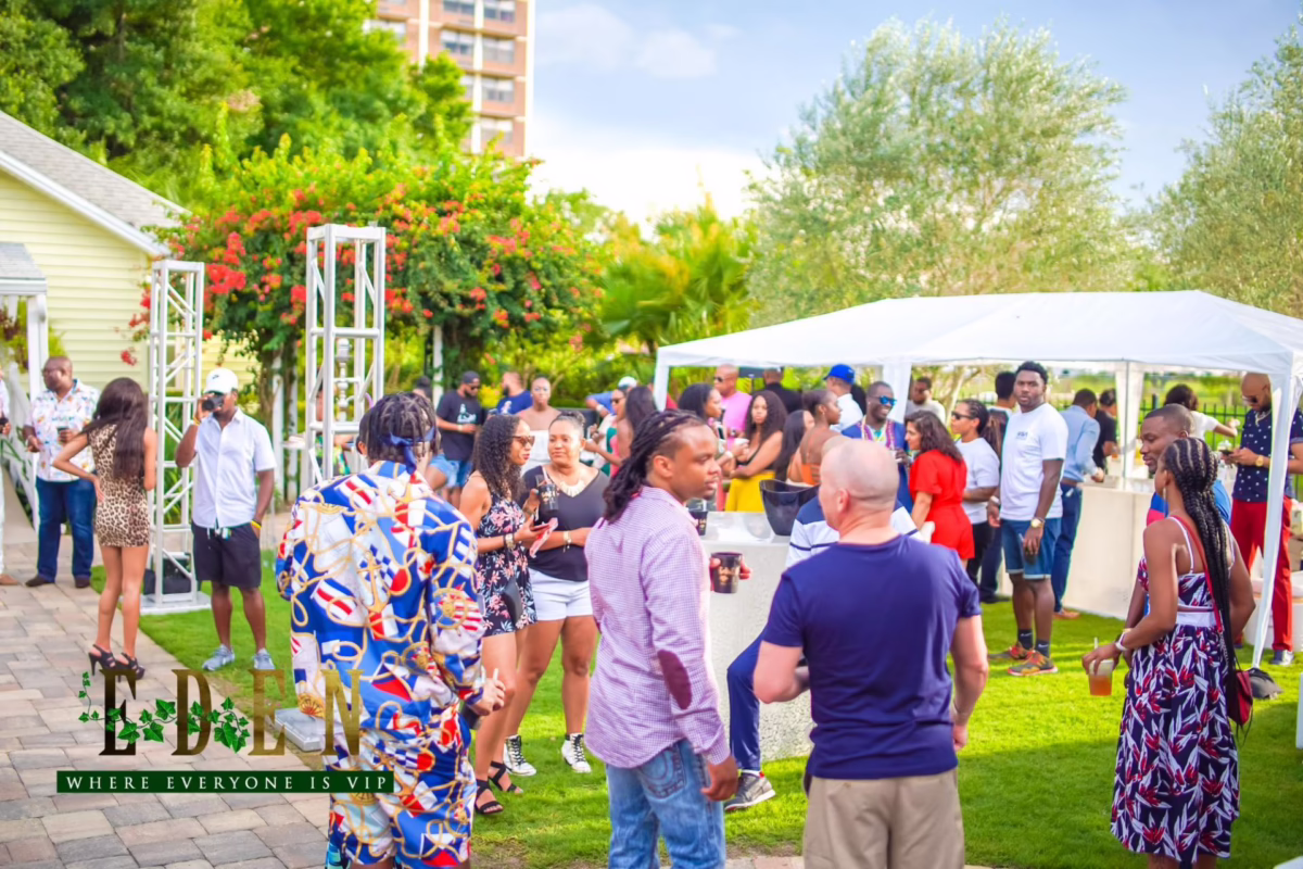 social event gathering celebration gardens winter park orlando venue - Pricing Elegant outdoor social event gathering with guests mingling under white tent at Celebration Gardens wedding and event venue in Winter Park near Orlando, Florida