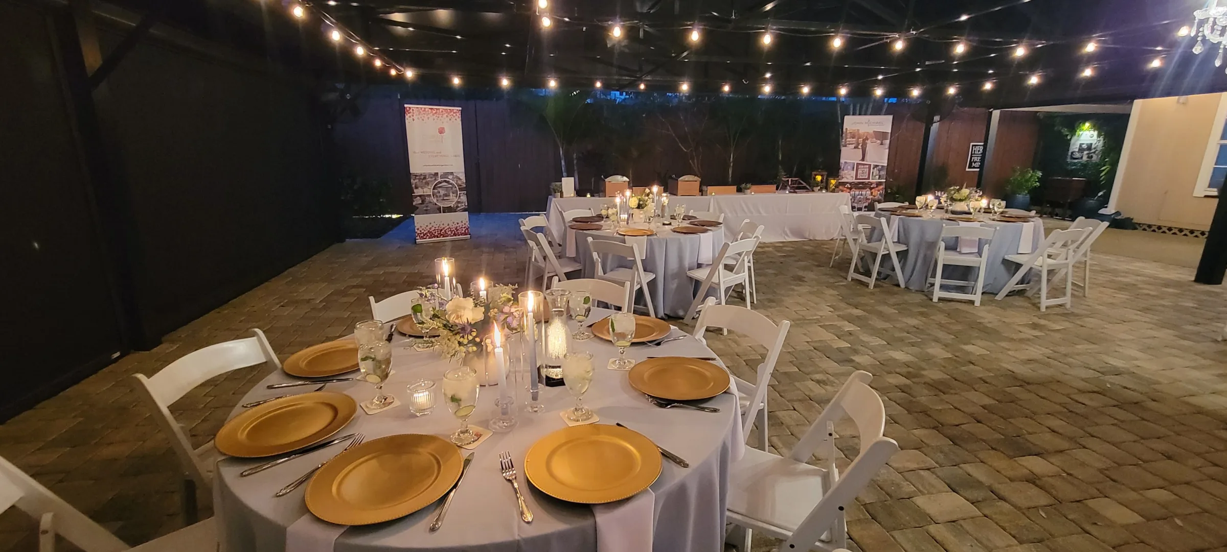 elegant outdoor wedding reception golden charger plates string lights - Gallery elegant outdoor wedding reception golden charger plates string lights