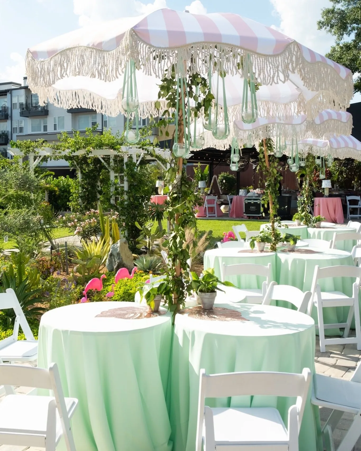 Pink umbrellas min tables social Event setup orlando celebration gardens - Orlando Celebration Gardens Pink umbrellas min tables social Event setup orlando celebration gardens