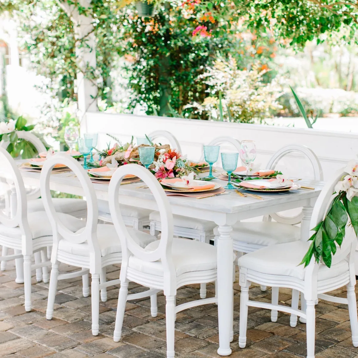 white table and chair outdoor social event setup orlando celebration gardens - Orlando Celebration Gardens white table and chair outdoor social event setup orlando celebration gardens