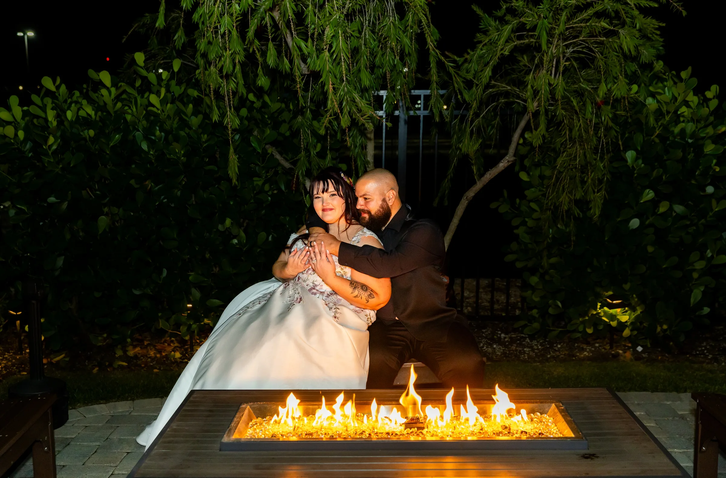Newlywed Portraits by Fire Pit at Celebration Gardens Orlando - Everything You Need to Know about Outdoor Weddings in Orlando Newlywed Portraits by Fire Pit at Celebration Gardens Orlando