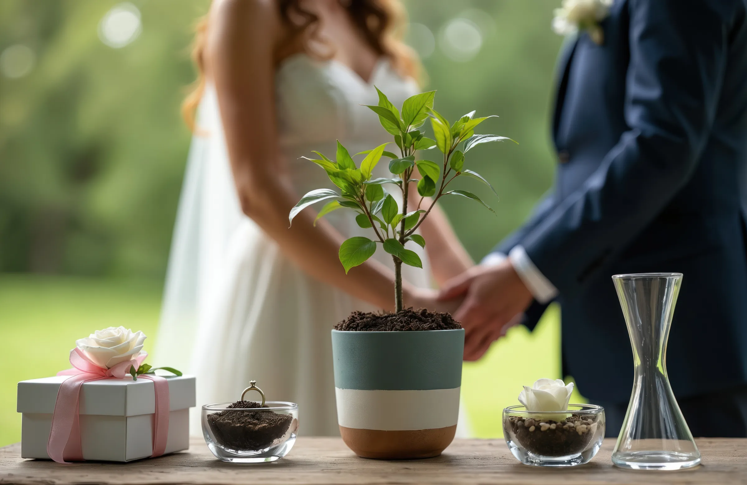 Bride and groom performing a tree planting unity ceremony at an outdoor wedding, with a small green sapling in a striped pot surrounded by soil vessels, a gift box, and a glass vase on a rustic wooden table
